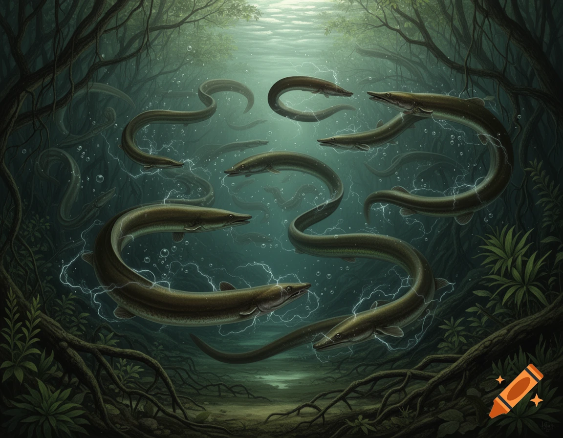 Illustrative depiction of numerous electric eels with glowing electrical discharges, swimming amidst dark water and submerged tree roots.
