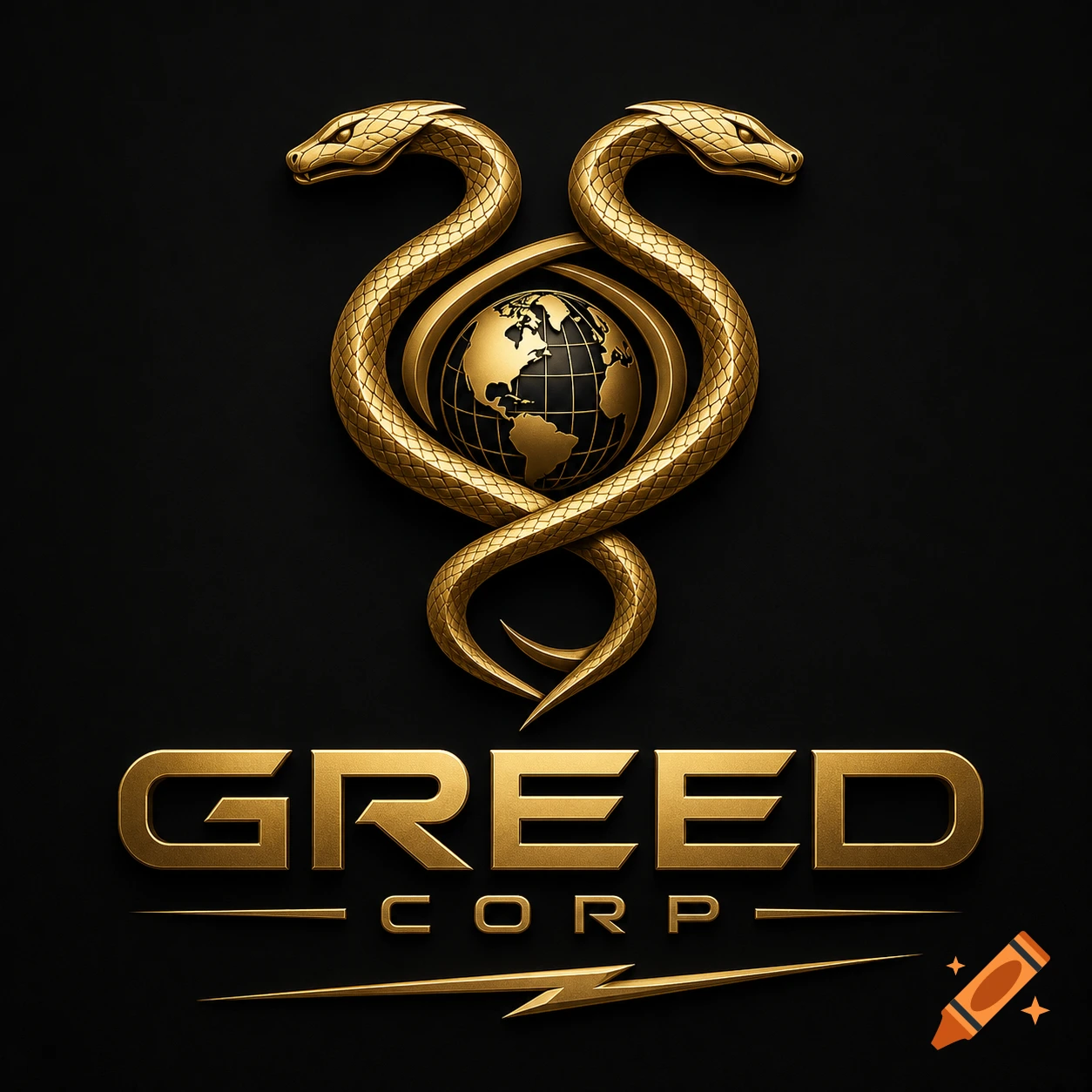 Golden logo featuring two intertwined snakes around a globe, with the words 'GREED CORP' in metallic 3D text on a black background.