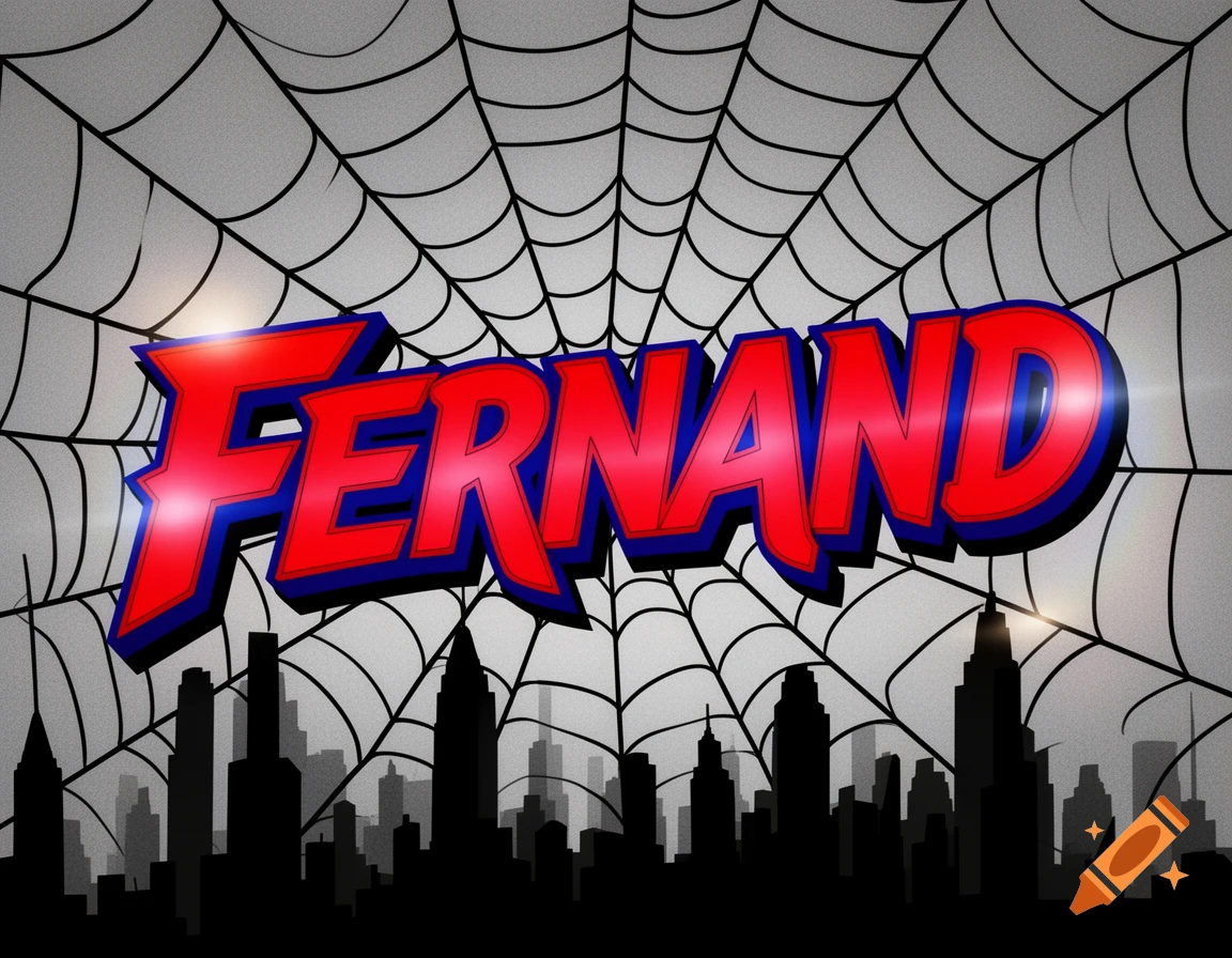 The name FERNAND in red and blue comic book style font against a spider web background and a black city silhouette.