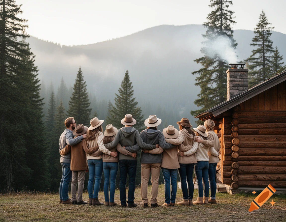 A group of people in hats, viewed from behind, stand arm-in-arm before a log cabin, foggy mountains, and pine trees.