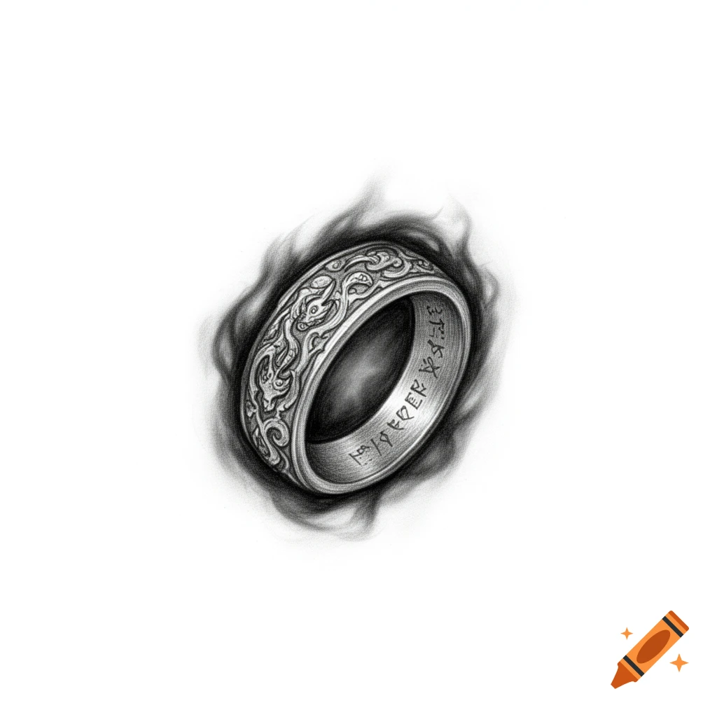 Black and white sketch of an ornate fantasy ring with dragon-like carvings and a dark aura.