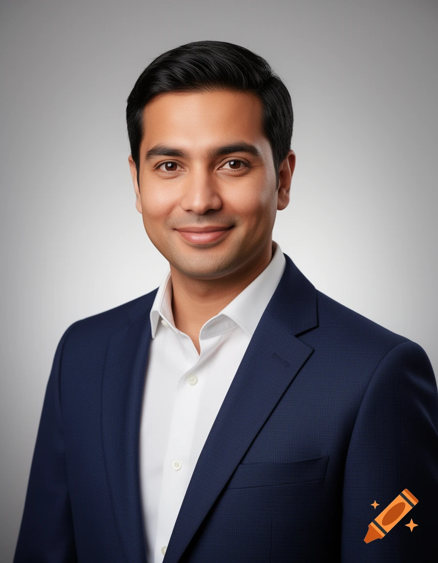 A smiling man in a dark blue suit and white shirt poses for a professional corporate headshot against a neutral gray background.