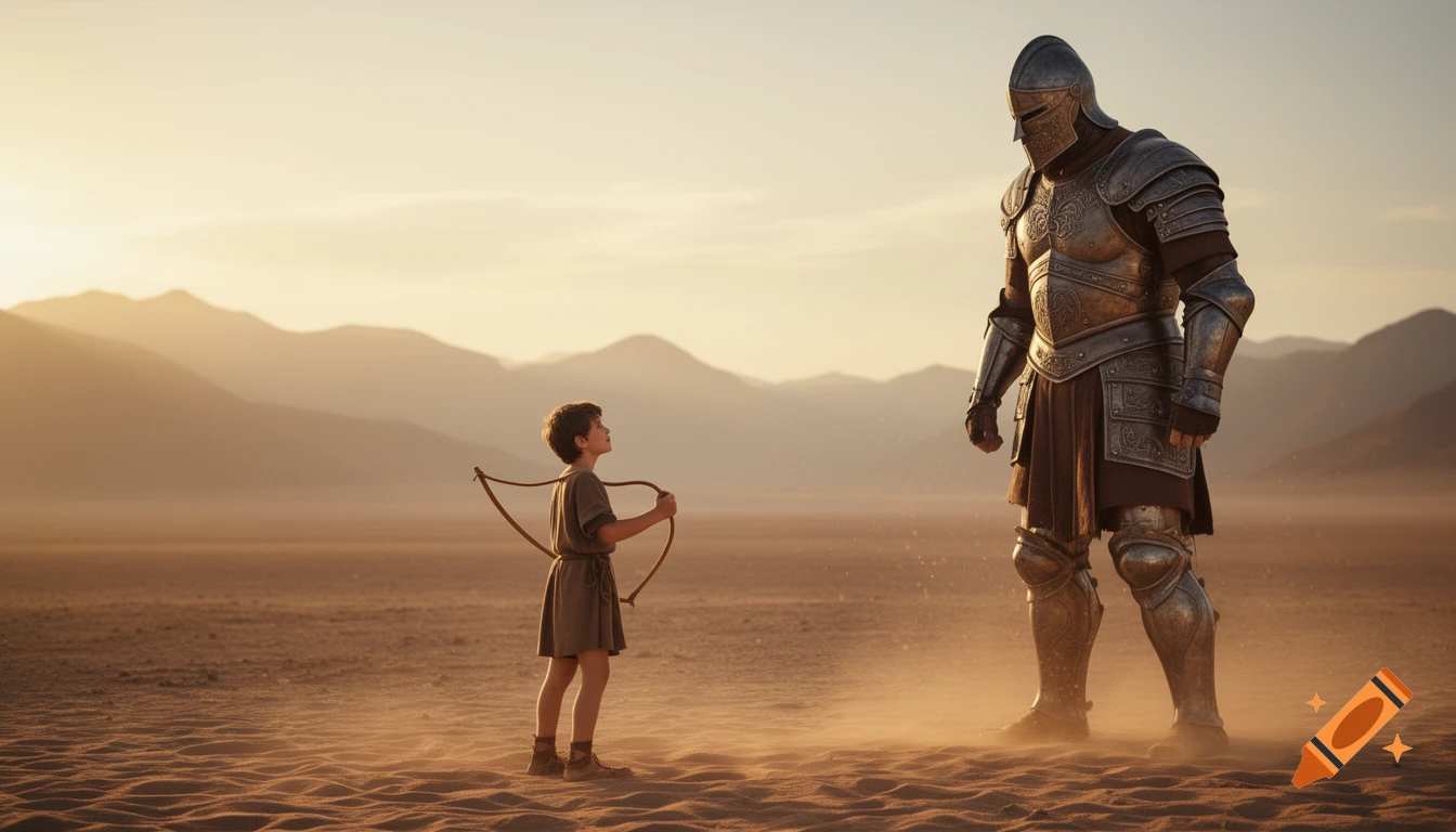 A young boy with a bow faces a towering armored giant in a photorealistic desert scene at golden hour.