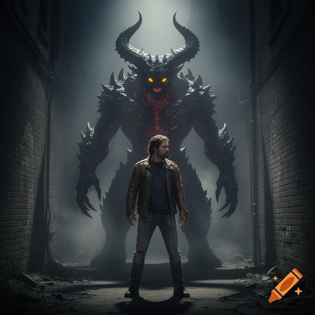 A man stands in a dark alley facing a massive, horned demon with glowing red eyes and a fiery chest.