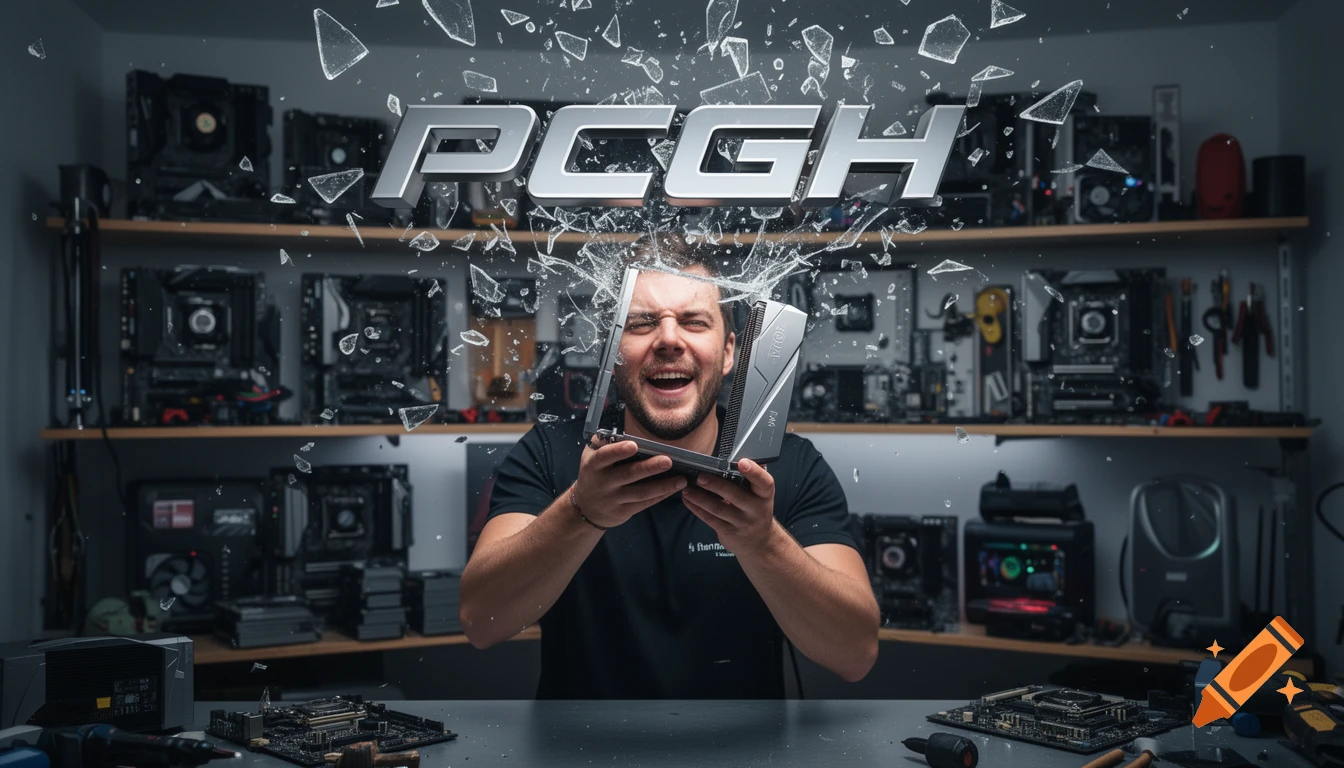 Man in a tech workshop holding a PC cooler, smiling as a metallic 'PCGH' logo shatters above his head.