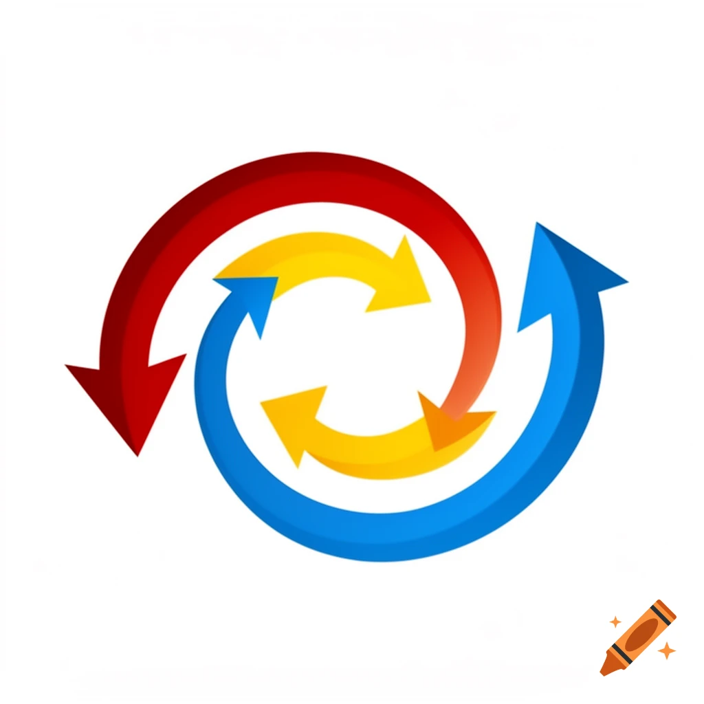 Vector illustration of three curved arrows (red, yellow, blue) swirling in a circular motion, symbolizing a cycle or forwarding action on a white background.