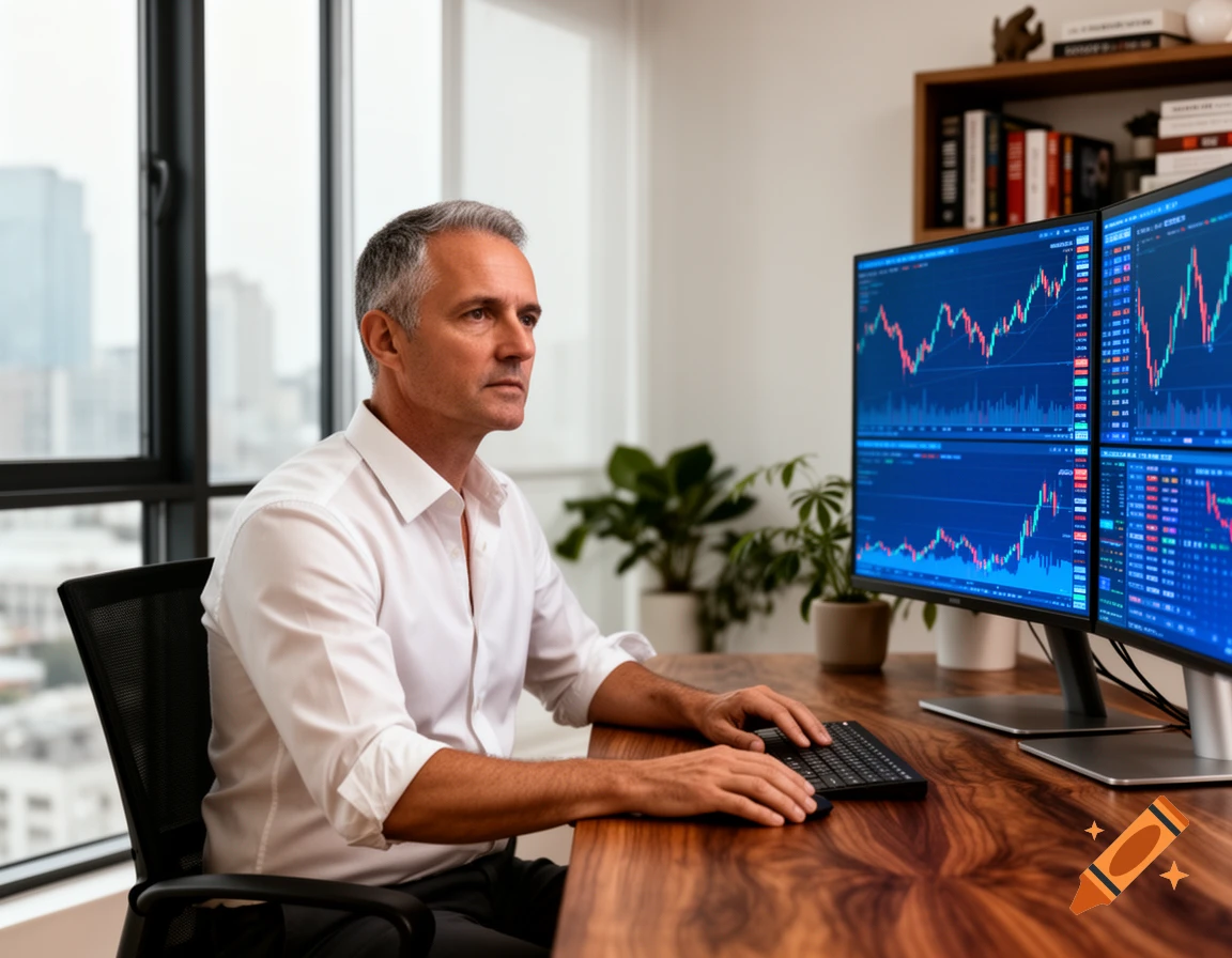 A man in a white shirt works at a home office desk with two computer monitors displaying stock market charts.