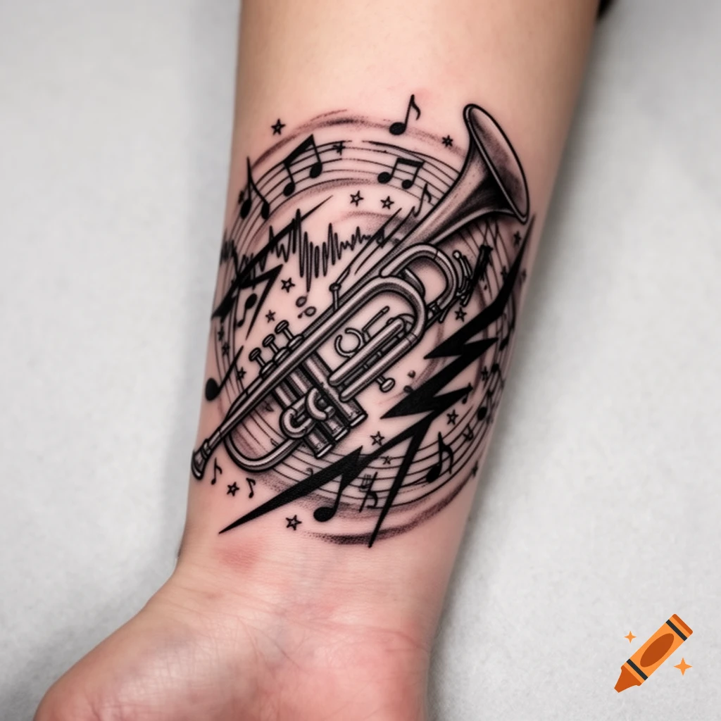 Black and white tattoo of a trumpet with musical notes, sound waves, and lightning bolts on a forearm.