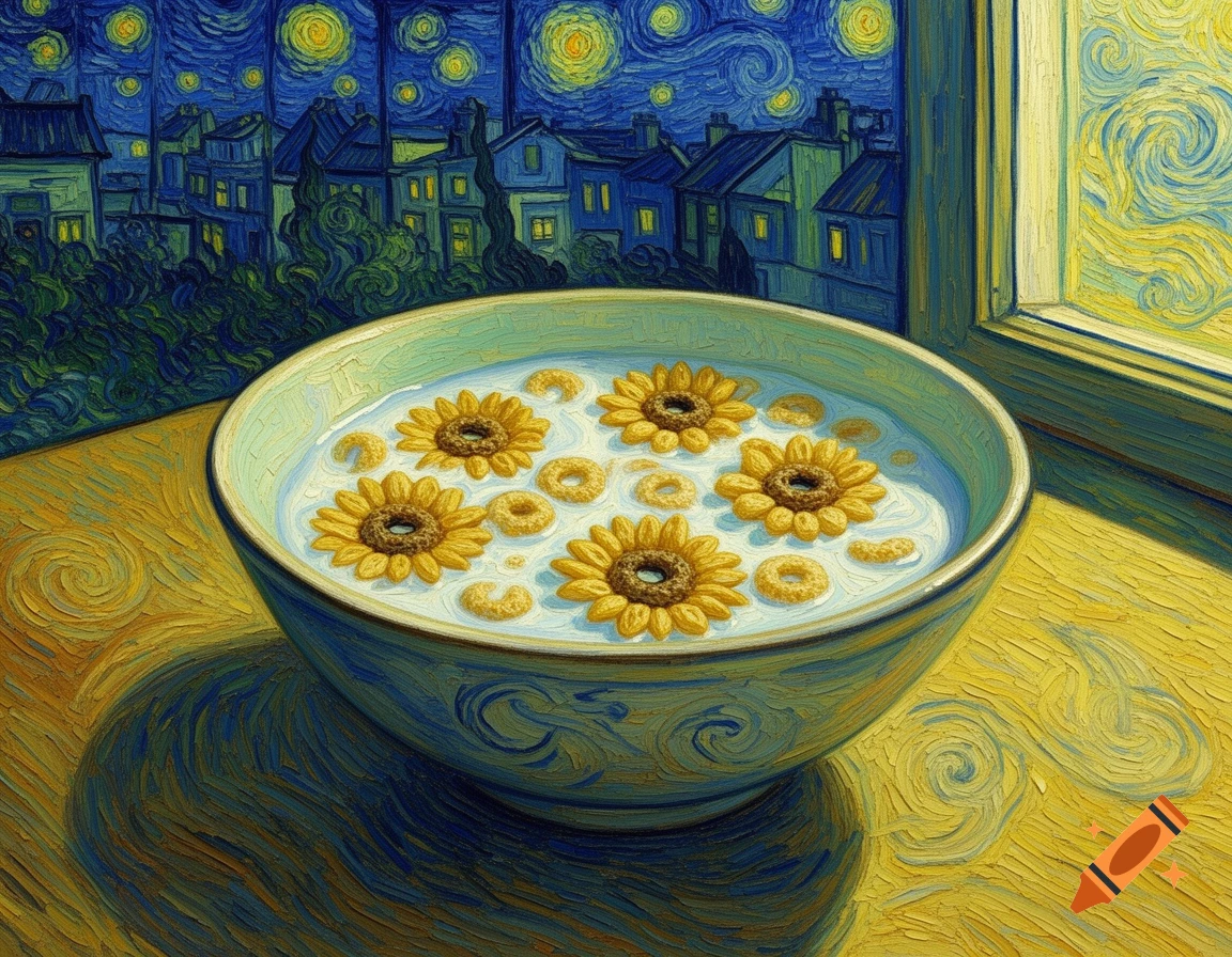 A bowl of cereal with sunflower-shaped pieces and oats, painted in Van Gogh's style, against a starry night village backdrop.