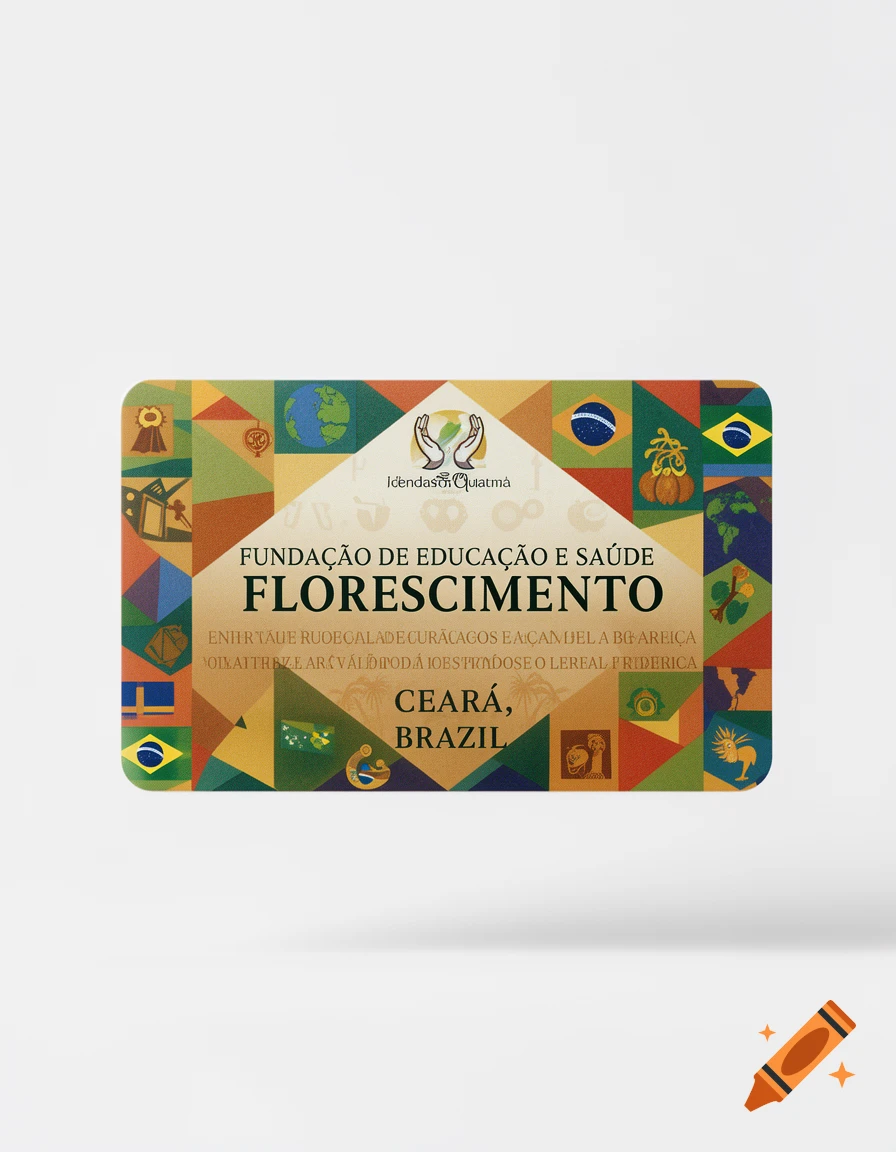 A colorful, geometrically designed card titled 'Fundação de Educação e Saúde Florescimento' with various symbols, flags, and text, resting on a white surface.