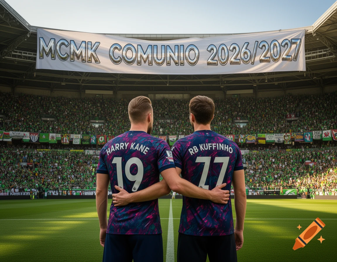 Two football players, Harry Kane and RB Kuffinho, stand on a field in a packed stadium beneath a banner.