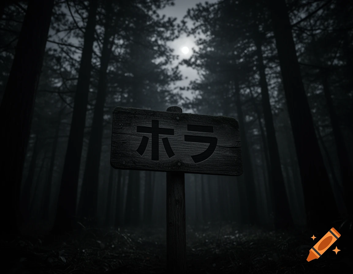 A weathered wooden sign displaying "ホラ" (hora) in a dark, misty forest under a faint moon, conveying an eerie atmosphere.
