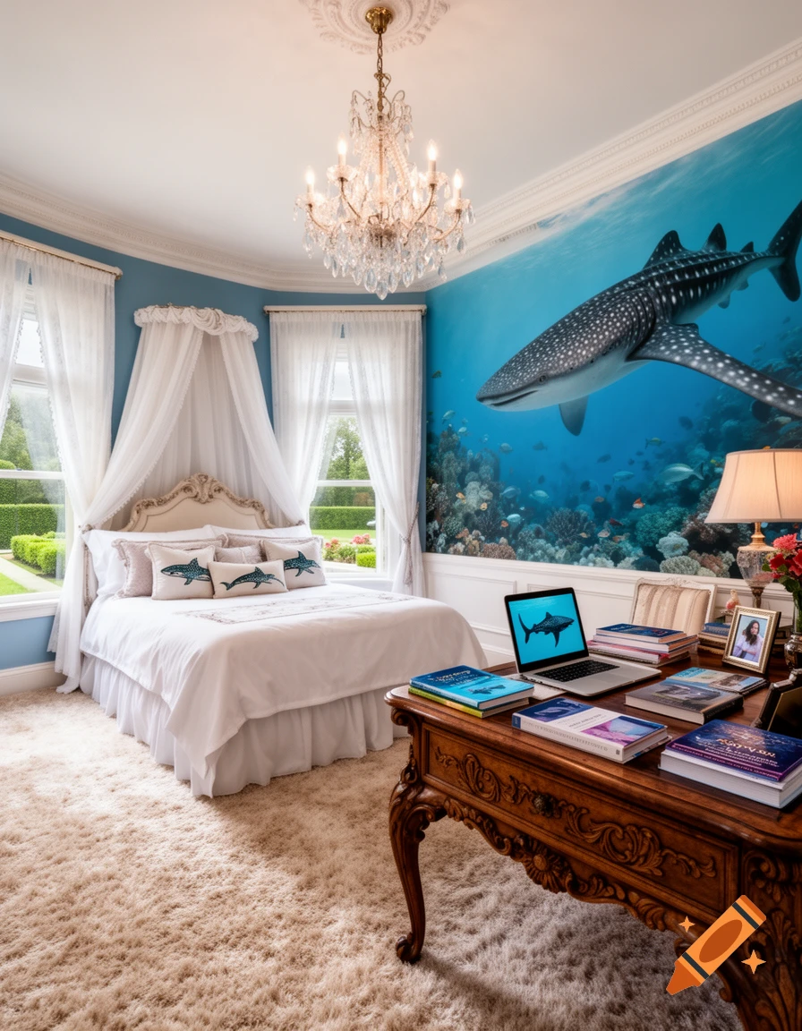 Luxurious bedroom with a large bed, crystal chandelier, and a whale shark coral reef mural. Desk with books and laptop.
