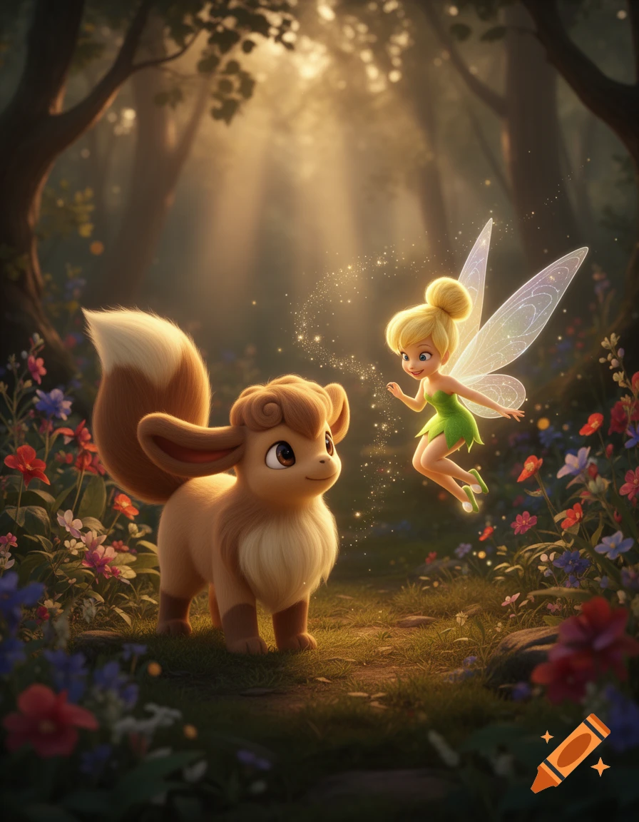 A cute Eevee and Tinkerbell the fairy in a magical sunlit forest with colorful flowers.