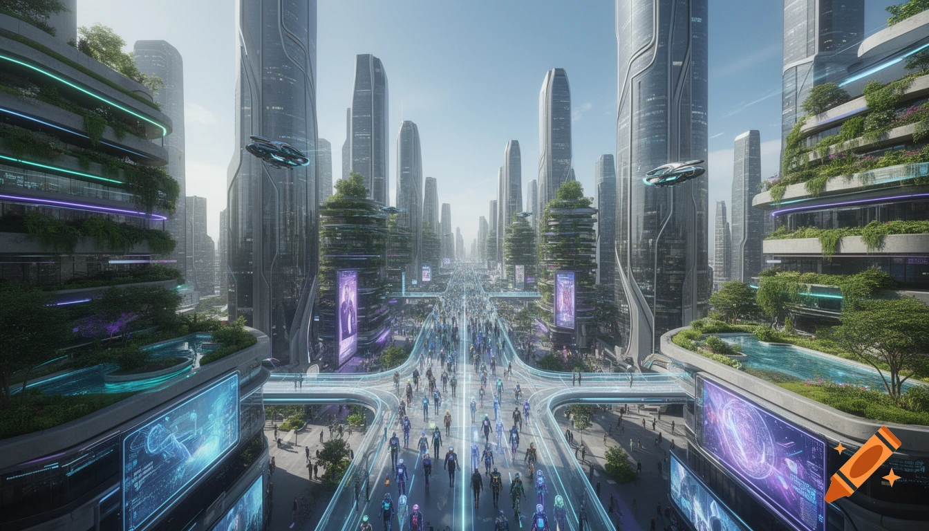 A bustling futuristic cityscape with tall, green-covered buildings, flying vehicles, and people on elevated walkways.
