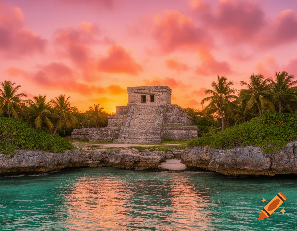 Ancient Mayan temple on a cliff overlooking turquoise ocean at sunset, with pink and orange clouds and palm trees.