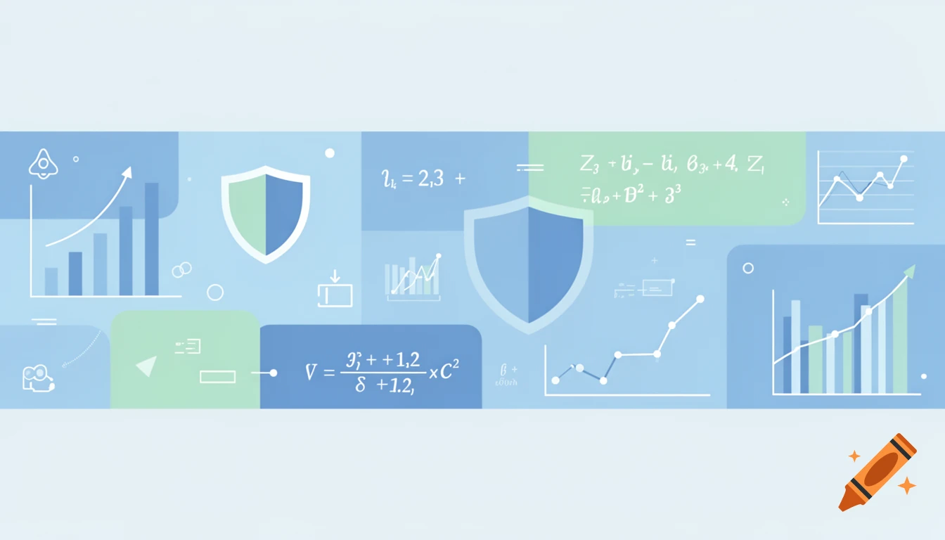 Flat illustration with data visualization elements, security shields, and abstract mathematical equations in blue and green.