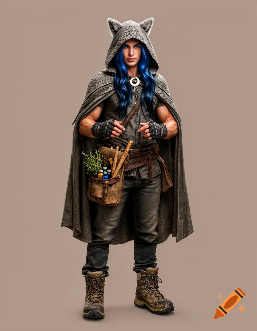A photorealistic person with blue hair, blue eyes, and a gray wolf-eared hooded cloak stands, holding a satchel filled with herbs and bottles.