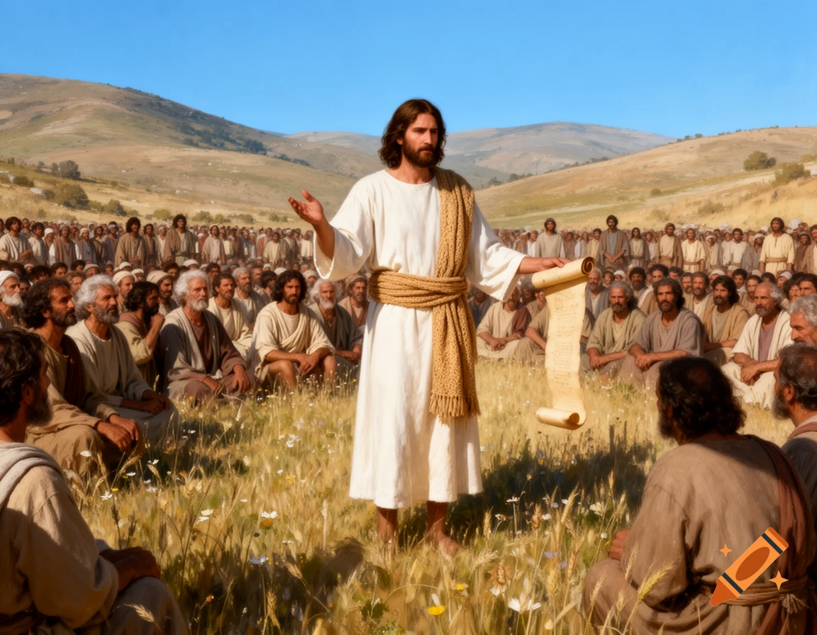 Jesus, in a white robe and gold sash, teaches a large crowd of followers seated in a grassy field with rolling hills.