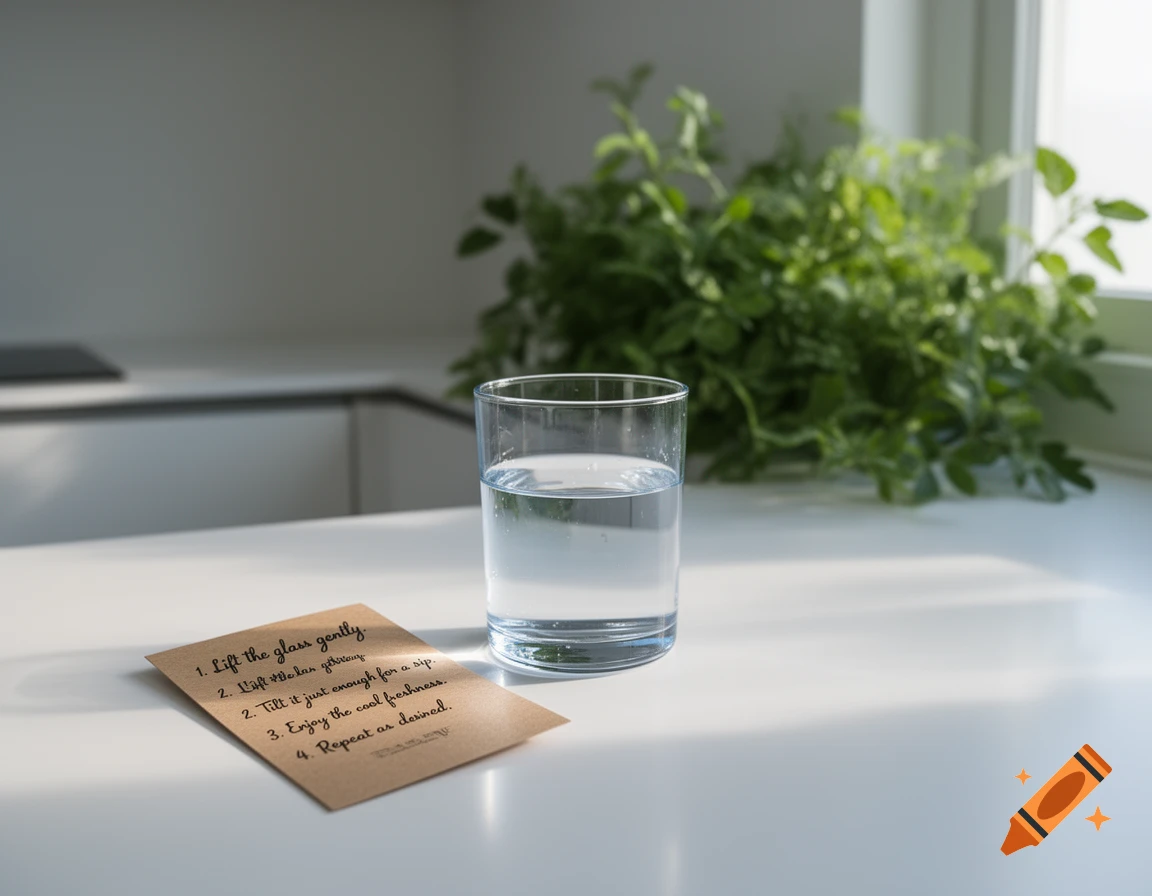 A photorealistic image of a glass of water next to a note with instructions on how to drink it, on a white countertop.