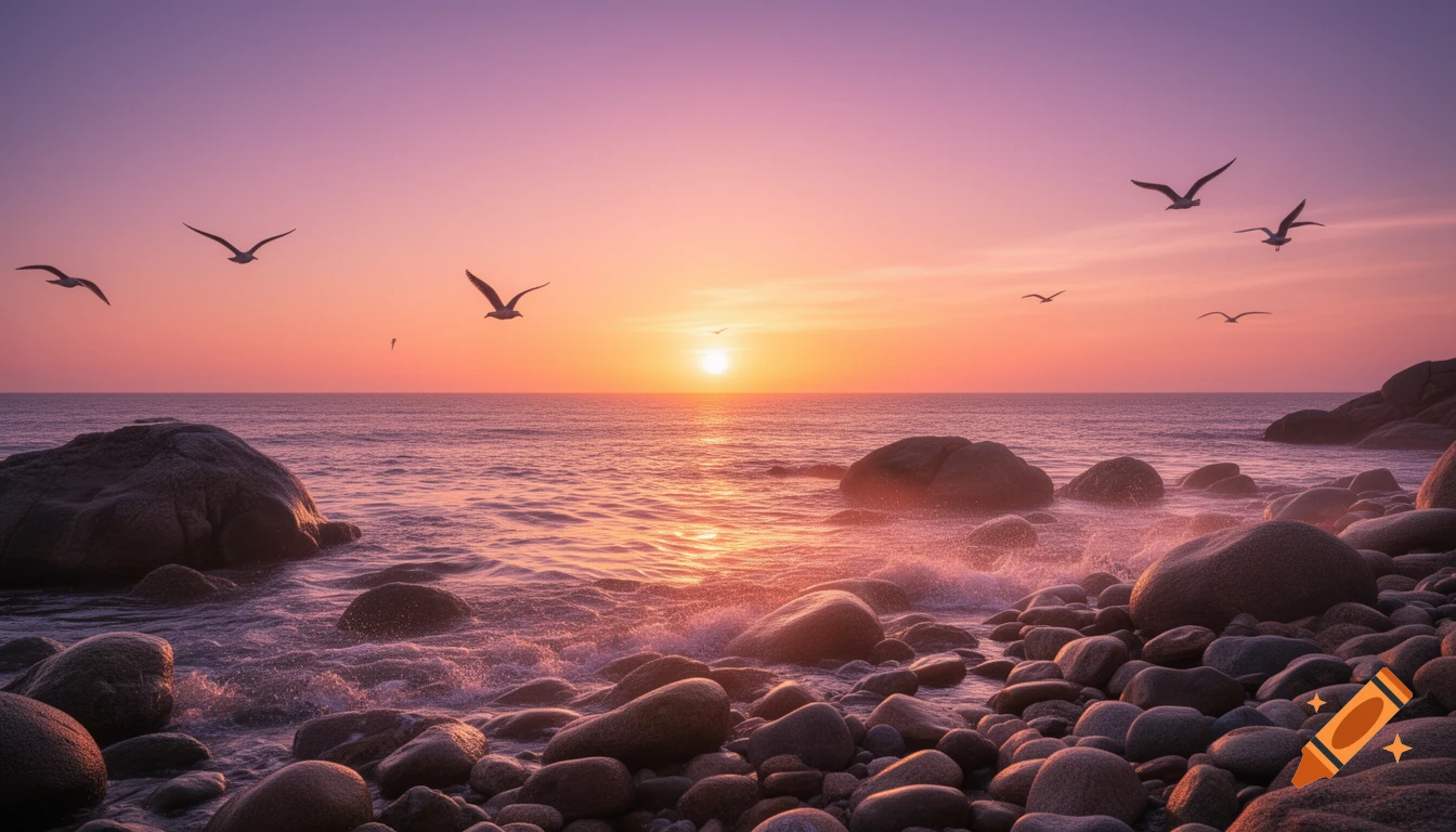 A vibrant sunrise paints the sky and ocean with purple and orange hues over a rocky beach, with seagulls flying.
