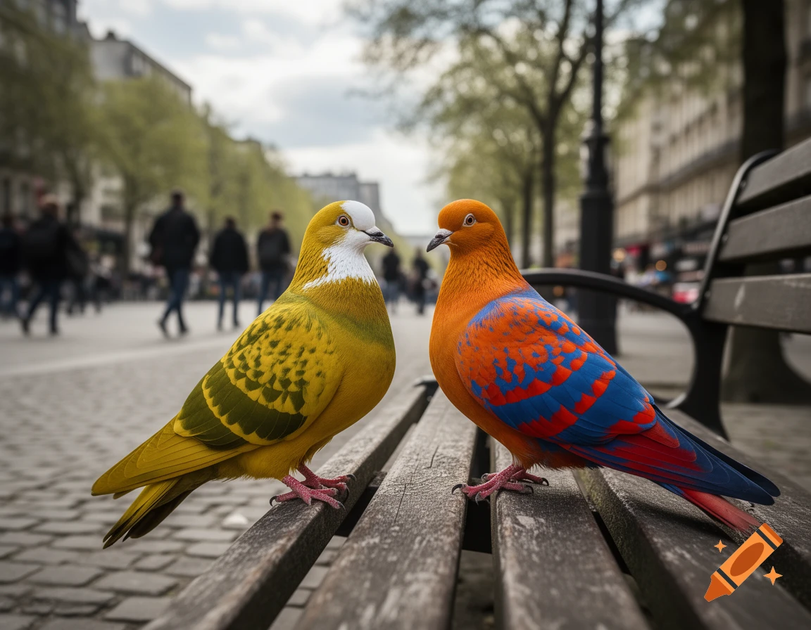 Two brightly colored pigeons, one yellow and green, the other orange and blue, sit on a park bench in a bustling city street.