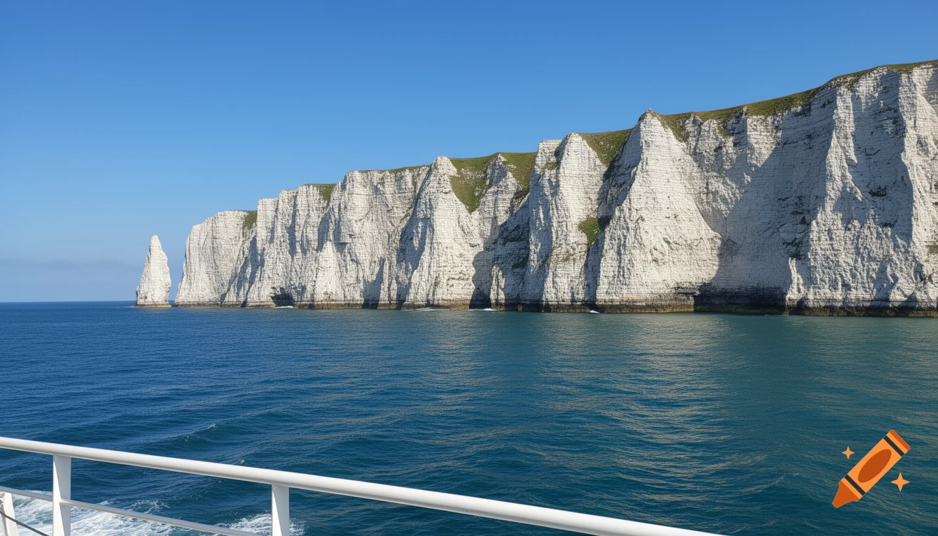 White cliffs rising from the blue sea, viewed from a boat with a railing in the foreground, under a clear sky.