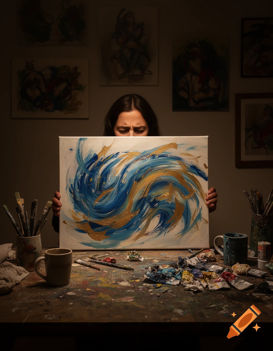 A person with long dark hair holds up an abstract painting of blue and gold swirls, partially obscuring their face, in a messy art studio.