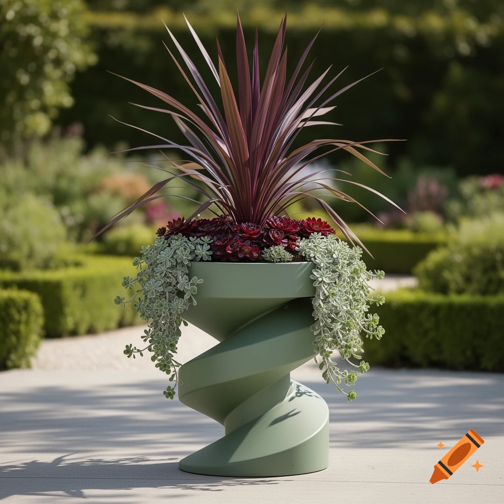 A sage green spiral planter holds a tall purple spiky plant, red succulents, and trailing green plants in a sunny garden.