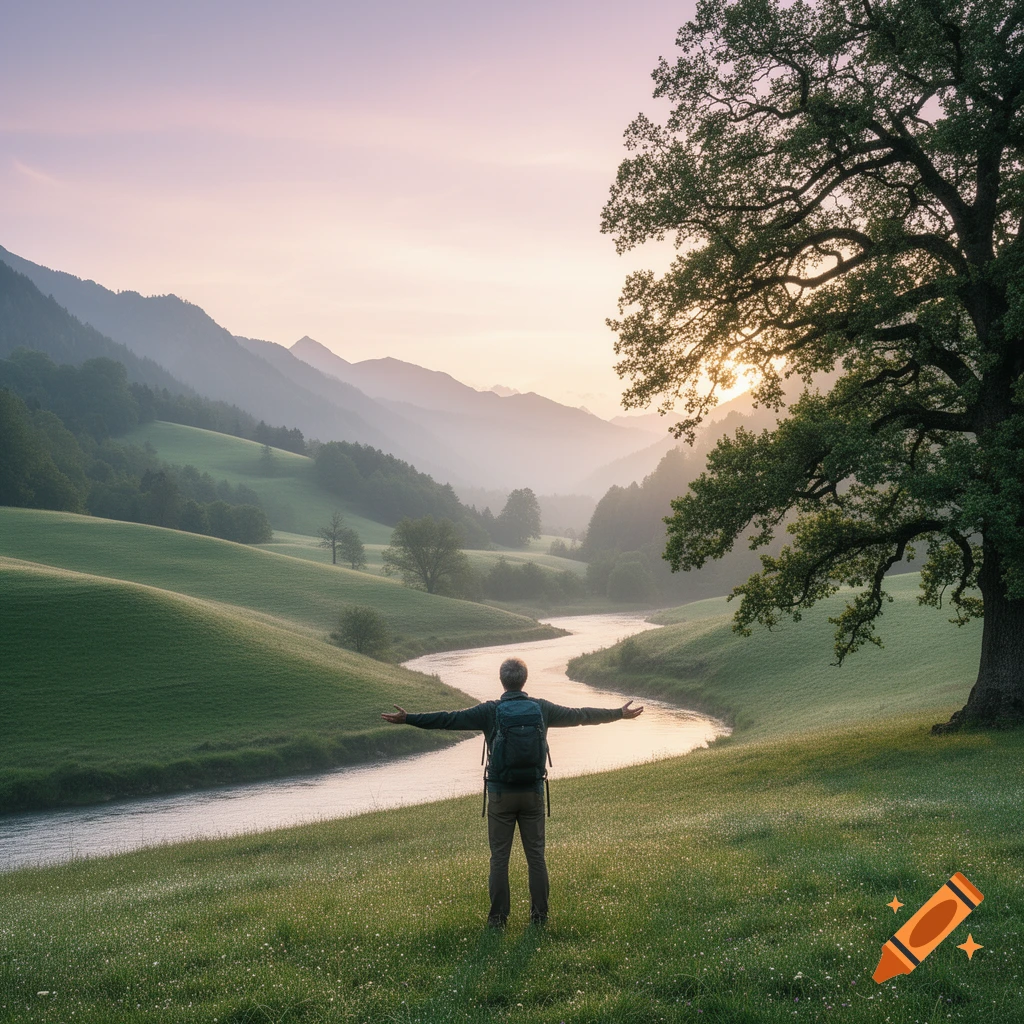 A person with a backpack stands with arms outstretched in a lush green valley with a winding river and misty mountains at sunset, a large tree on the right.