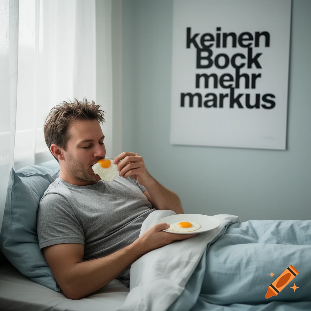 A man with brown hair eats a fried egg in bed, next to a poster on the wall with German text.