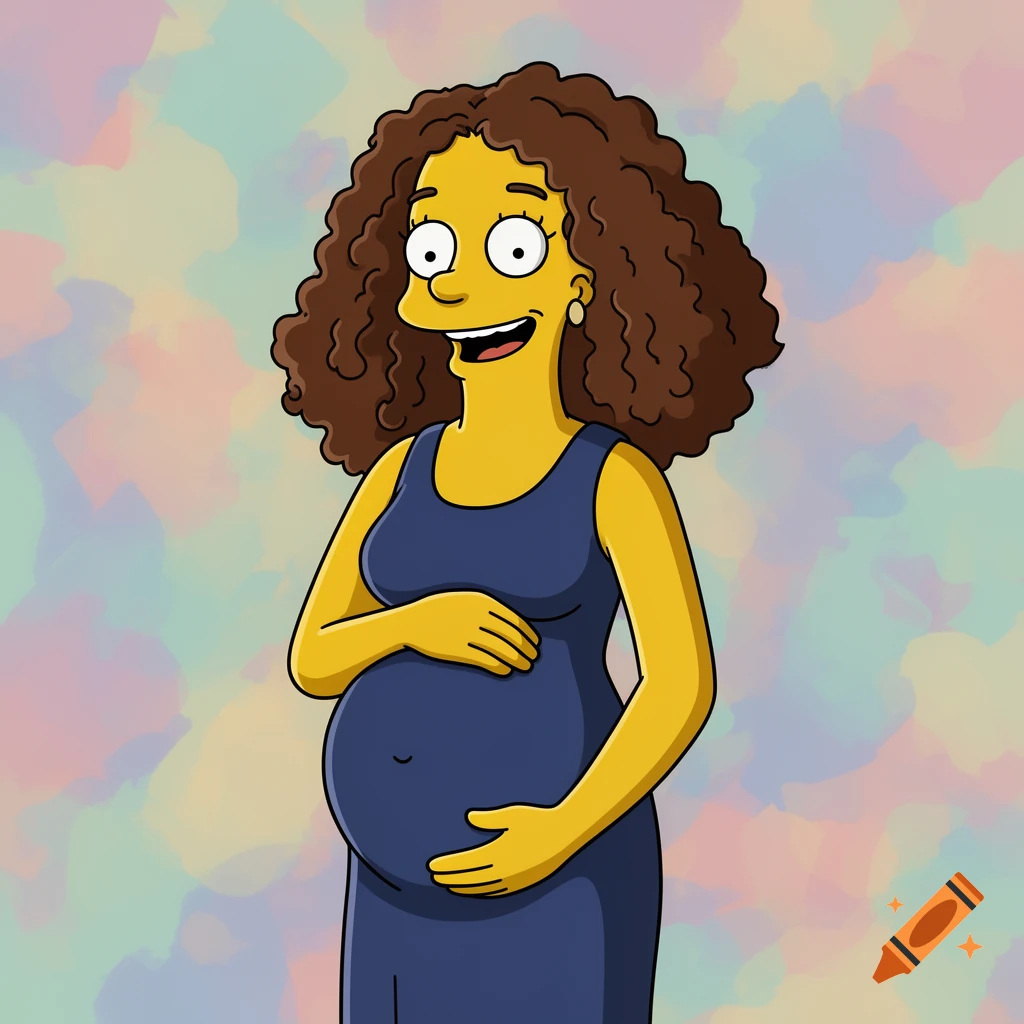A pregnant woman with yellow skin and curly brown hair, drawn in The Simpsons style, wears a dark blue dress and cradles her belly.