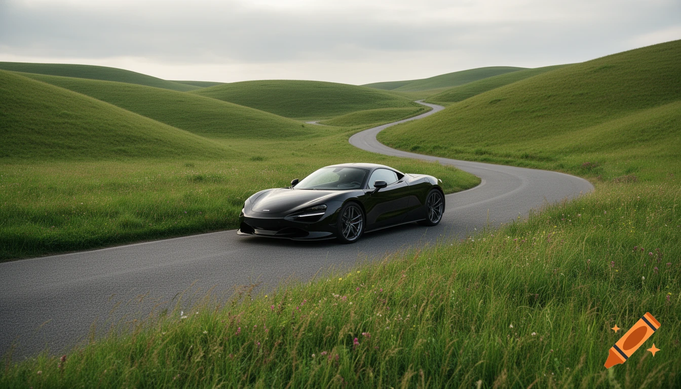 A sleek black sports car drives along a winding asphalt road through vibrant green rolling hills under an overcast sky.