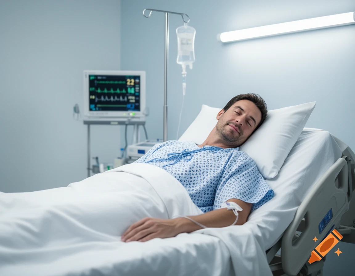 A man in a hospital gown sleeps peacefully in a hospital bed with an IV drip and medical monitor nearby.