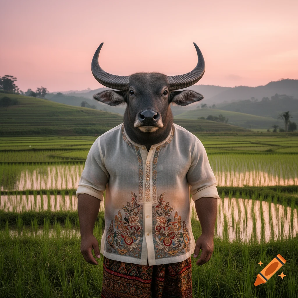A carabao character with a water buffalo head and human body, wearing an embroidered shirt and patterned pants, in a rice field at sunset.