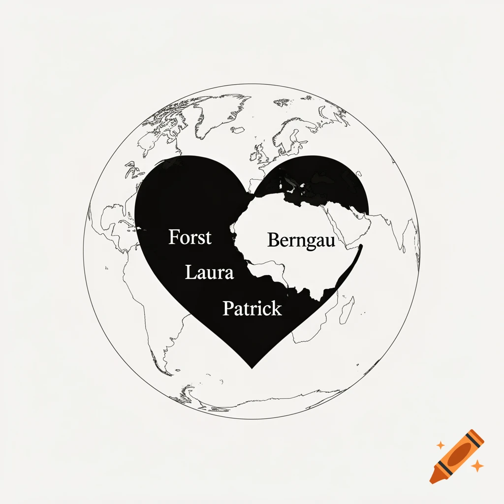 A minimalist black and white illustration of a heart shape formed by landmasses on a world map, with names Forst, Laura, Patrick, and Berngau.
