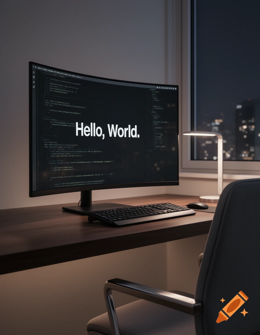 A photorealistic computer desk at night with a curved monitor displaying 'Hello, World.' and code, keyboard, mouse, and desk lamp.
