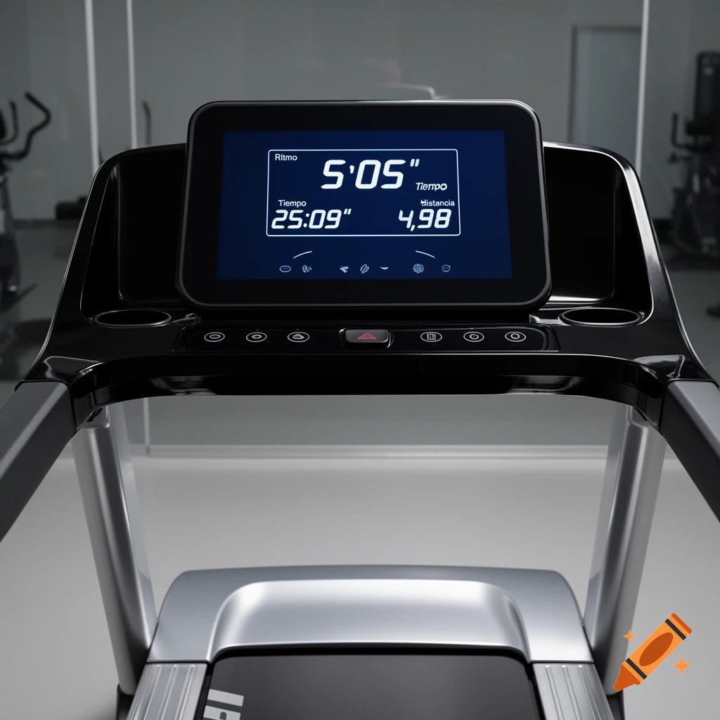Close-up of a treadmill's digital display showing 'Ritmo 5'05"', 'Tiempo 25:09"', and 'distancia 4,98' in a gym.