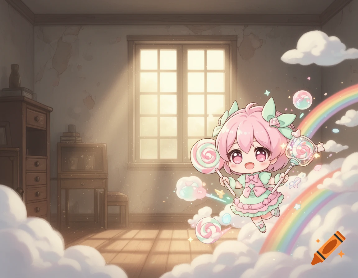 A cute pink-haired chibi character in a mint green dress floats with lollipops, bubbles, and a rainbow amidst clouds in a sunlit room.
