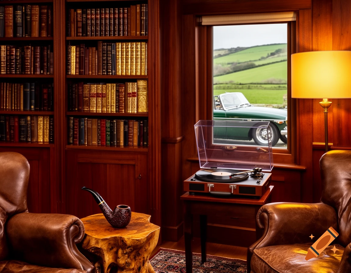 A classic wooden library room with leather armchairs, bookshelves, a record player, a pipe on a table, and a green convertible car visible through a window.
