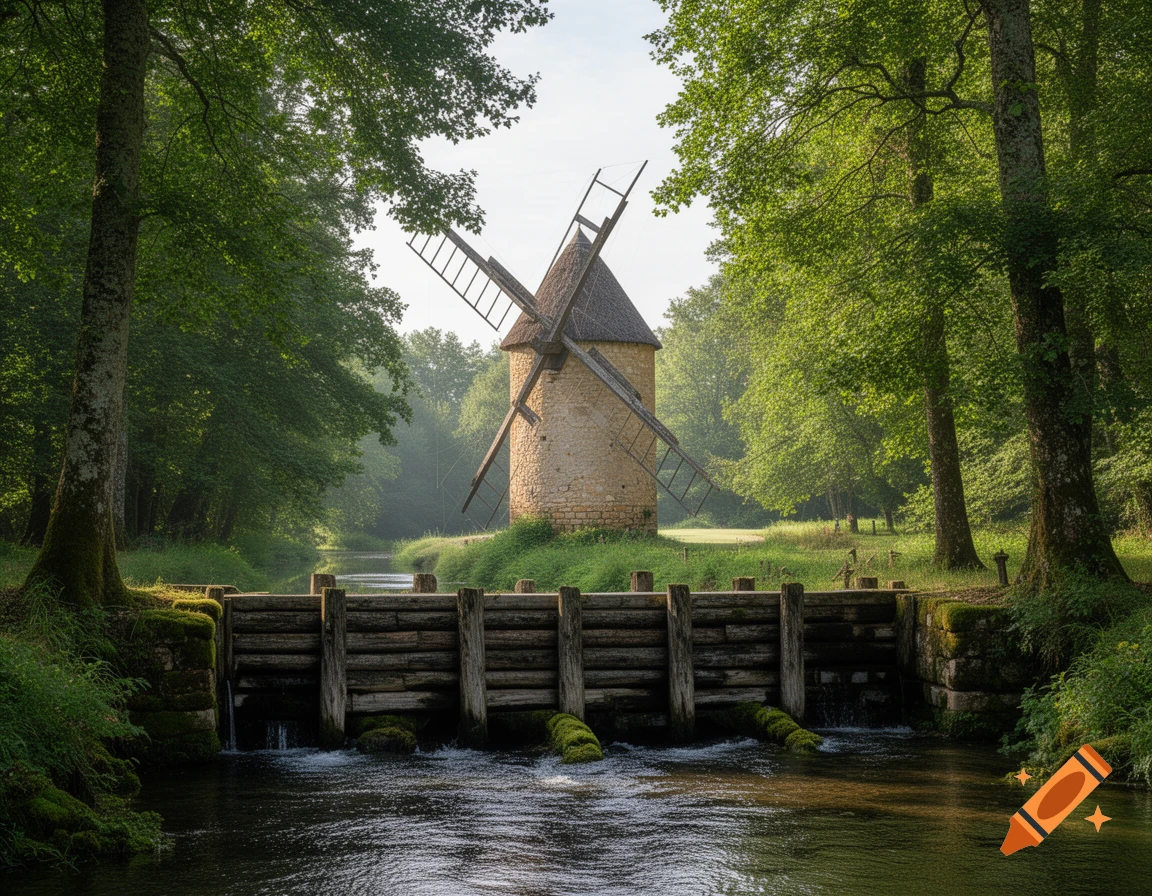 A stone windmill with a thatched roof stands beside a river flowing over a wooden dam, surrounded by lush green trees.