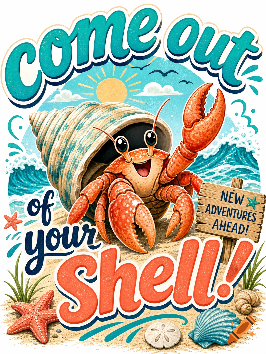 A cheerful, cartoon-style hermit crab peeks out from its shell on a sandy beach, with text reading "Come out of your shell! New adventures ahead!"