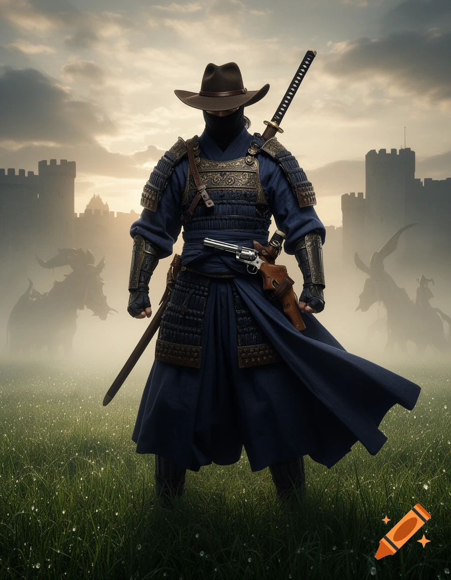 A warrior in dark samurai armor, a cowboy hat, and a face mask stands in a dewy field. They carry a katana and a revolver, with misty castles and shadowy figures in the background.