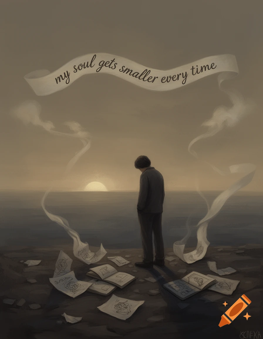 A solitary figure stands on a desolate shore at sunset, looking out at the sea, surrounded by scattered papers, with a banner reading "my soul gets smaller every time".