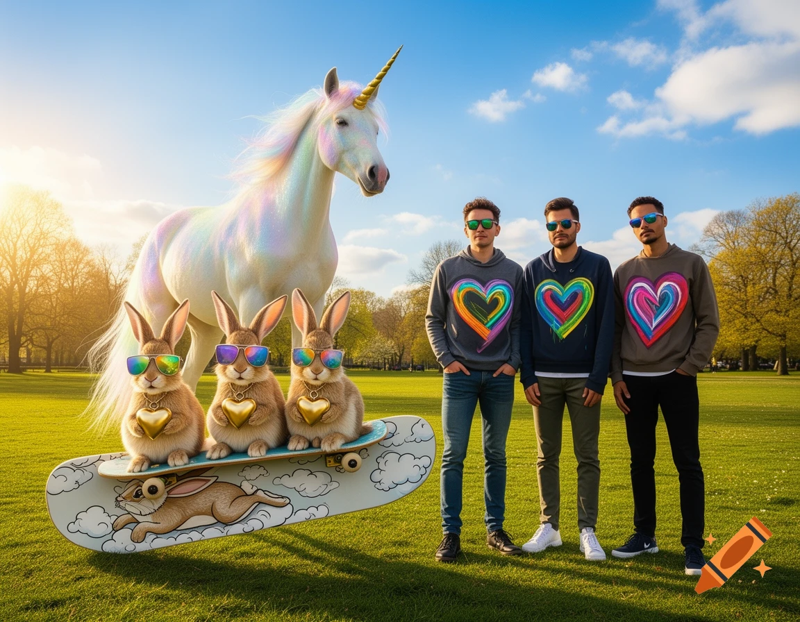 A glittery unicorn stands next to three men wearing heart-painted shirts, with three sunglasses-wearing rabbits on a skateboard in a sunny park.