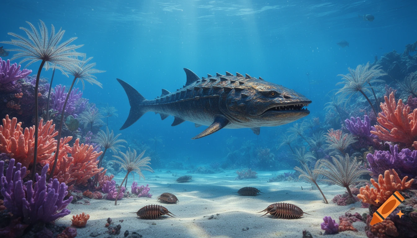 A realistic underwater scene featuring a menacing Dunkleosteus swimming among vibrant paleo coral, crinoids, and trilobites.