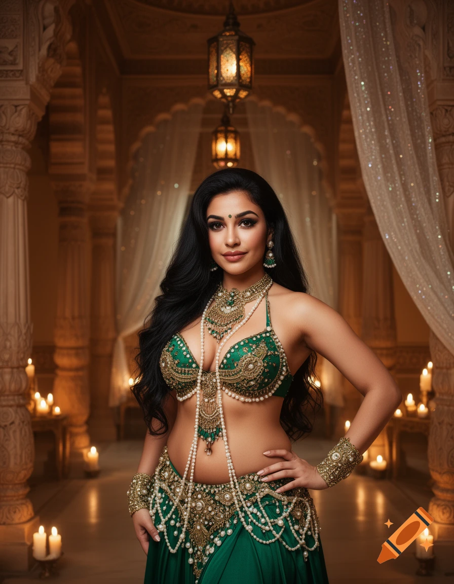 A photorealistic Indian belly dancer in an emerald green and gold costume, standing in an ornate palace with lanterns and candles.