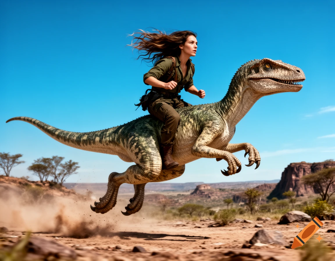 A woman rides a velociraptor through a dusty desert landscape under a clear blue sky.