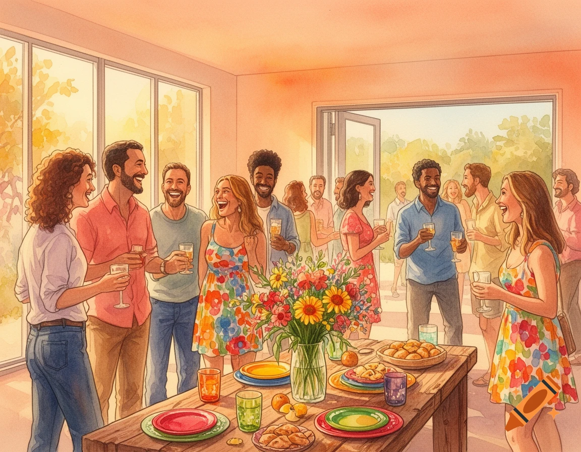 Adults mingling at a casual party, rendered as a warm watercolor painting.