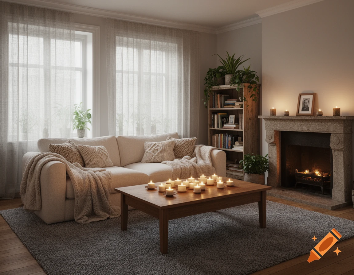 A cozy living room with a cream sofa, candles on a coffee table, a fireplace, and a bookshelf, creating a warm ambiance.